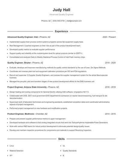 Advanced Quality Engineer Resume