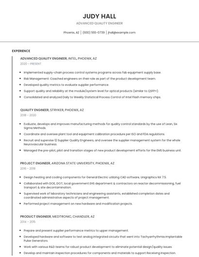 Advanced Quality Engineer Resume