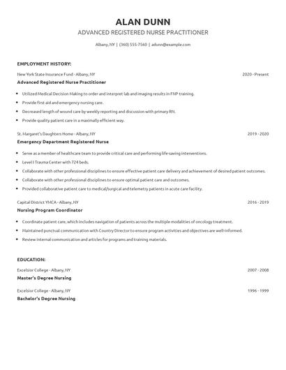 Advanced Registered Nurse Practitioner Resume