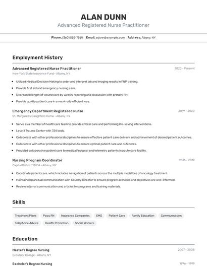 Advanced Registered Nurse Practitioner Resume