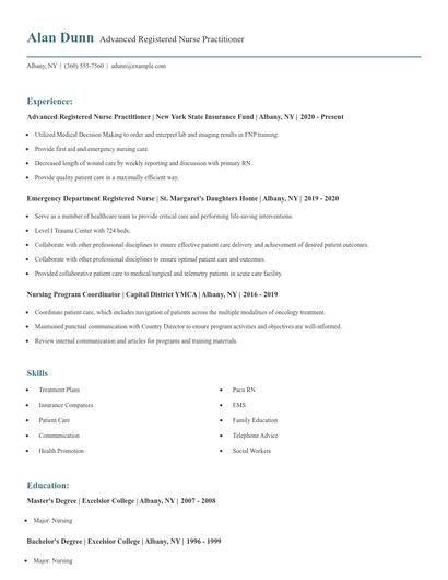 Advanced Registered Nurse Practitioner Resume