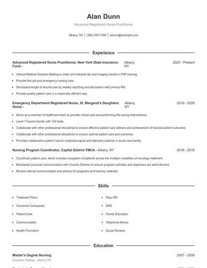 Advanced Registered Nurse Practitioner Resume