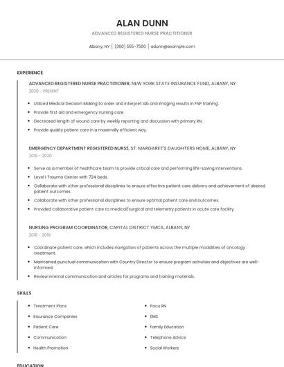 Advanced Registered Nurse Practitioner Resume