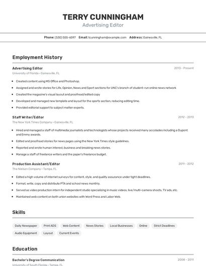 Advertising Editor Resume