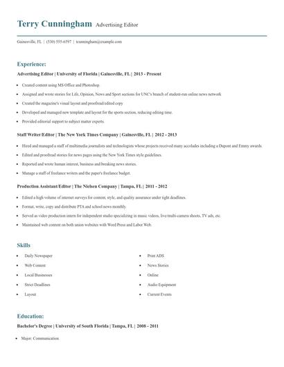 Advertising Editor Resume