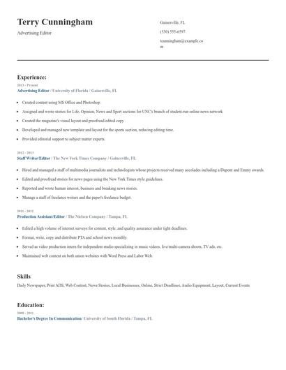 Advertising Editor Resume
