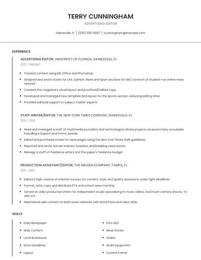 Advertising Editor Resume