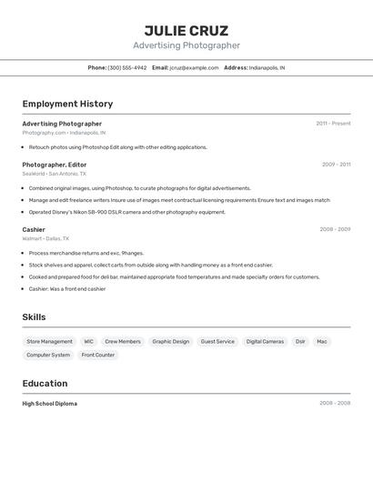 Advertising Photographer Resume