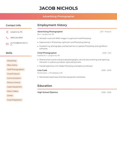 Advertising Photographer Resume