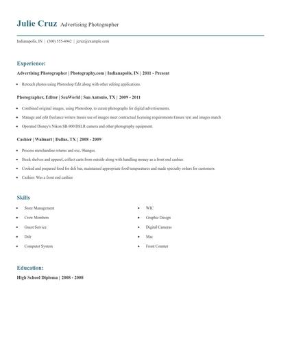 Advertising Photographer Resume