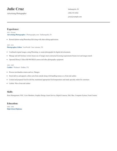 Advertising Photographer Resume