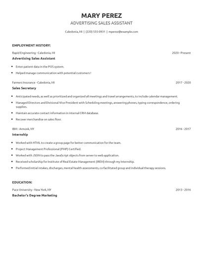 Advertising Sales Assistant Resume