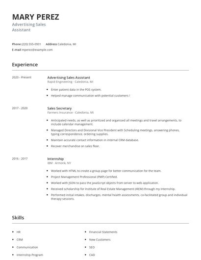 Advertising Sales Assistant Resume