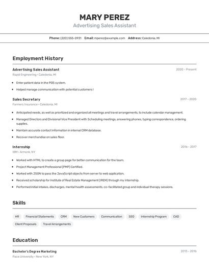 Advertising Sales Assistant Resume