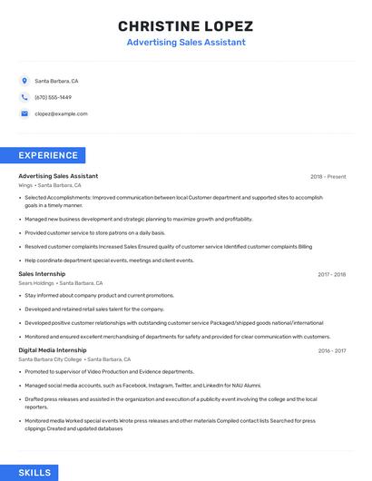Advertising Sales Assistant Resume