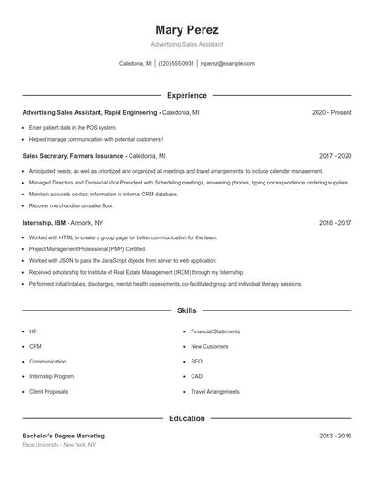Advertising Sales Assistant Resume