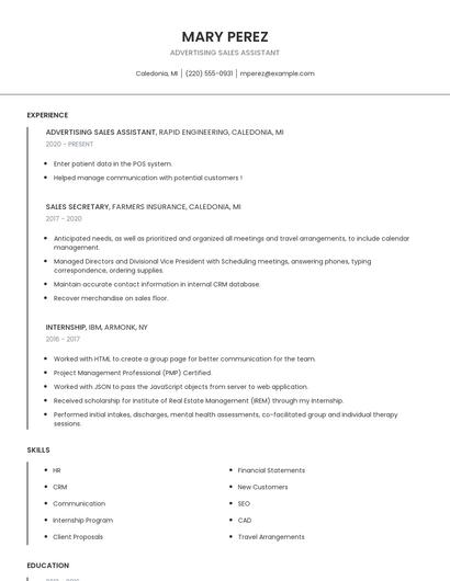 Advertising Sales Assistant Resume