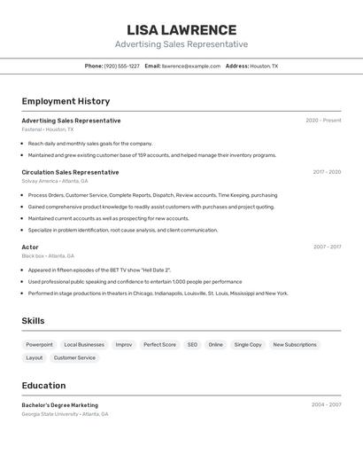 Advertising Sales Representative Resume