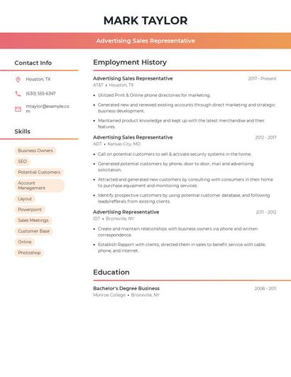 Advertising Sales Representative Resume