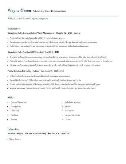 Advertising Sales Representative Resume