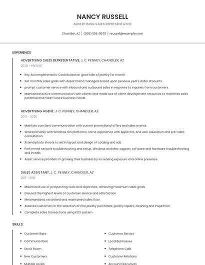 Advertising Sales Representative Resume