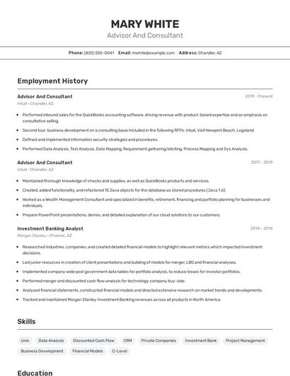 Advisor And Consultant Resume