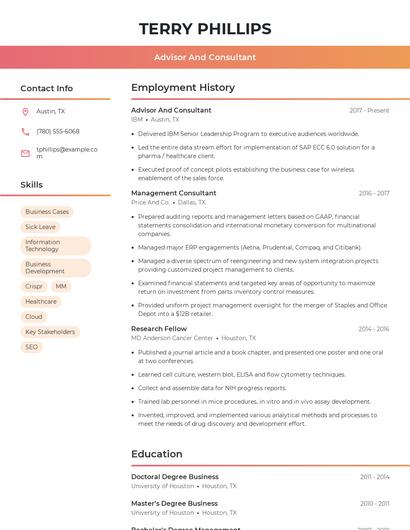 Advisor And Consultant Resume