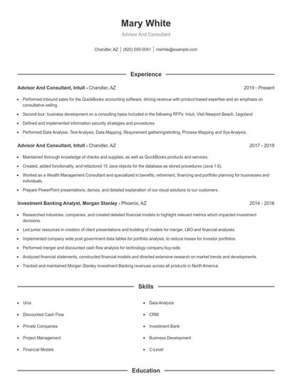 Advisor And Consultant Resume