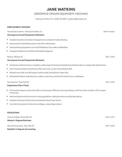 Aerospace Ground Equipment Mechanic Resume