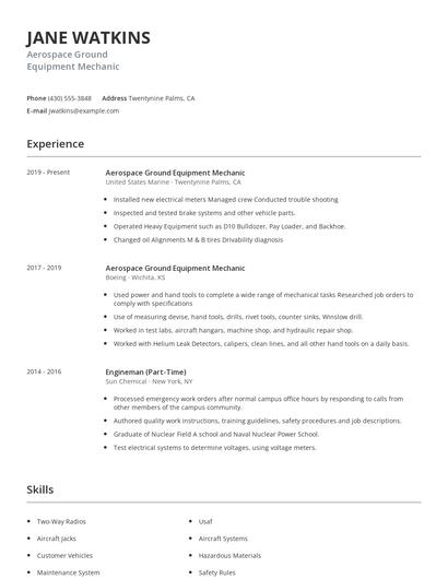 Aerospace Ground Equipment Mechanic Resume