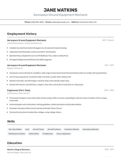 Aerospace Ground Equipment Mechanic Resume