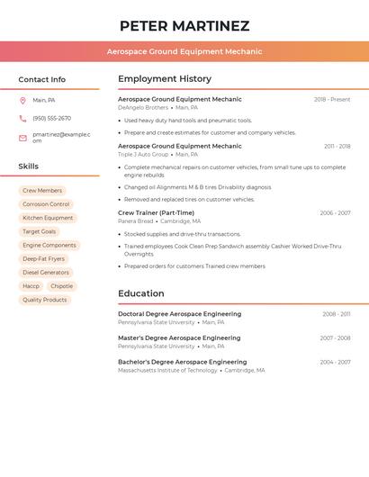 Aerospace Ground Equipment Mechanic Resume