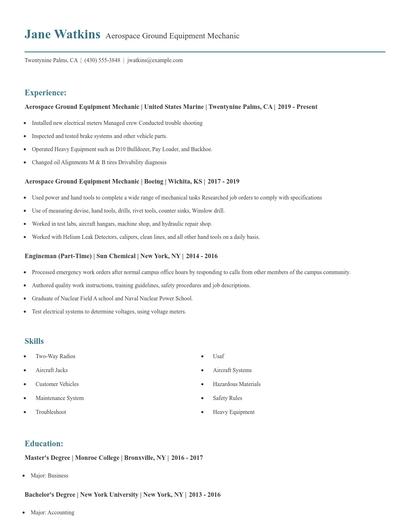 Aerospace Ground Equipment Mechanic Resume