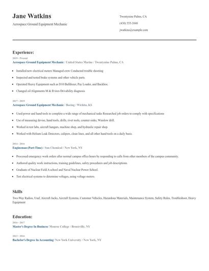 Aerospace Ground Equipment Mechanic Resume