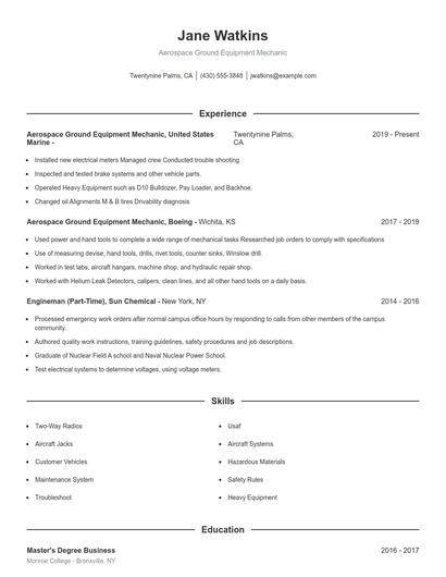 Aerospace Ground Equipment Mechanic Resume