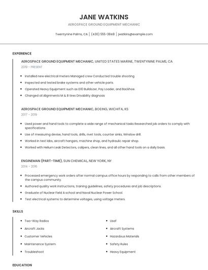 Aerospace Ground Equipment Mechanic Resume