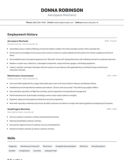 Aerospace Mechanic Resume