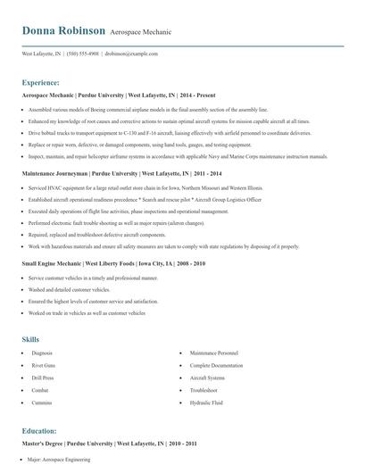 Aerospace Mechanic Resume