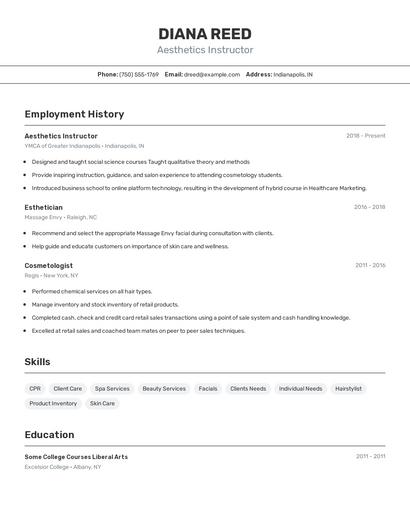 Aesthetics Instructor Resume