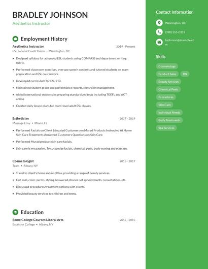 Aesthetics Instructor Resume