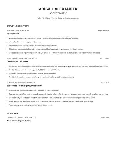 Agency Nurse Resume