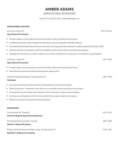 Agricultural Economist Resume