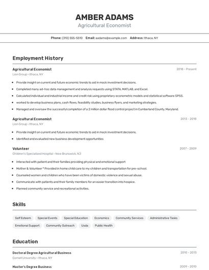 Agricultural Economist Resume