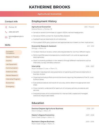 Agricultural Economist Resume