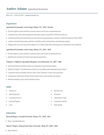 Agricultural Economist Resume