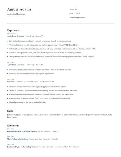 Agricultural Economist Resume