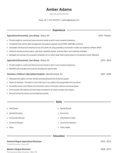 Agricultural Economist Resume