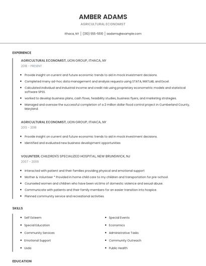 Agricultural Economist Resume