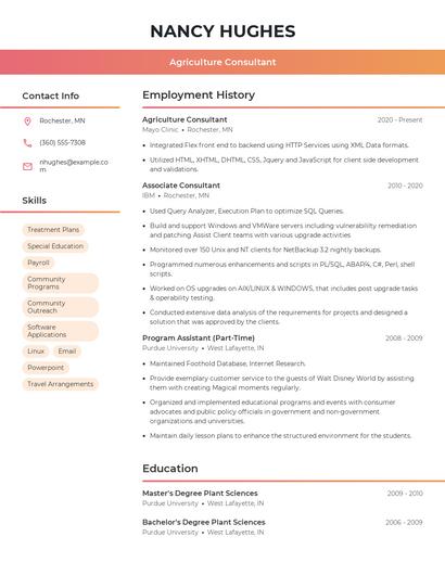 Agriculture Consultant Resume