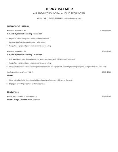 Air And Hydronic Balancing Technician Resume